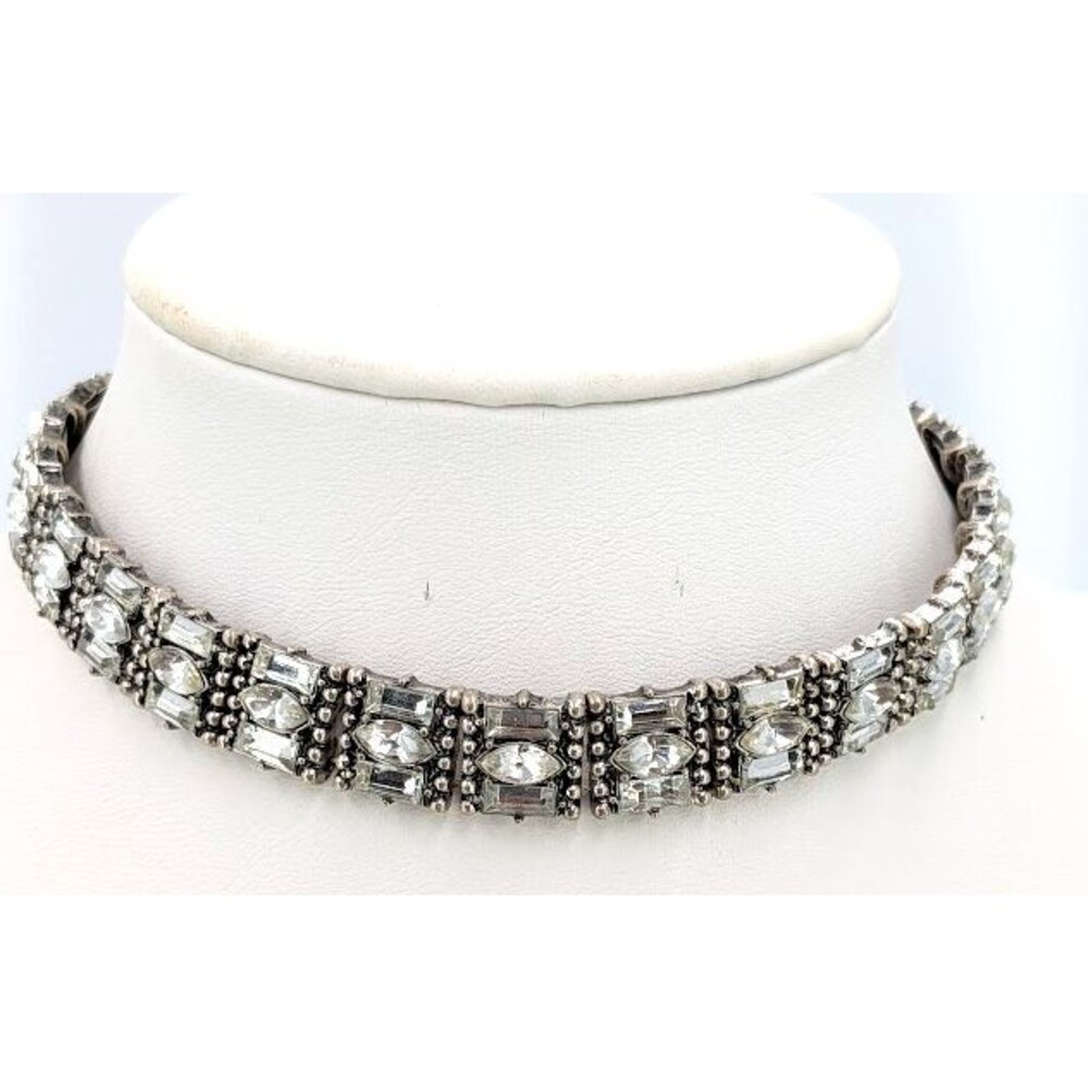 BaubleBar Signed Choker Necklace Clear Rhinestone Silver Tone Statement Collar